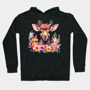 A moose decorated with beautiful watercolor flowers Hoodie